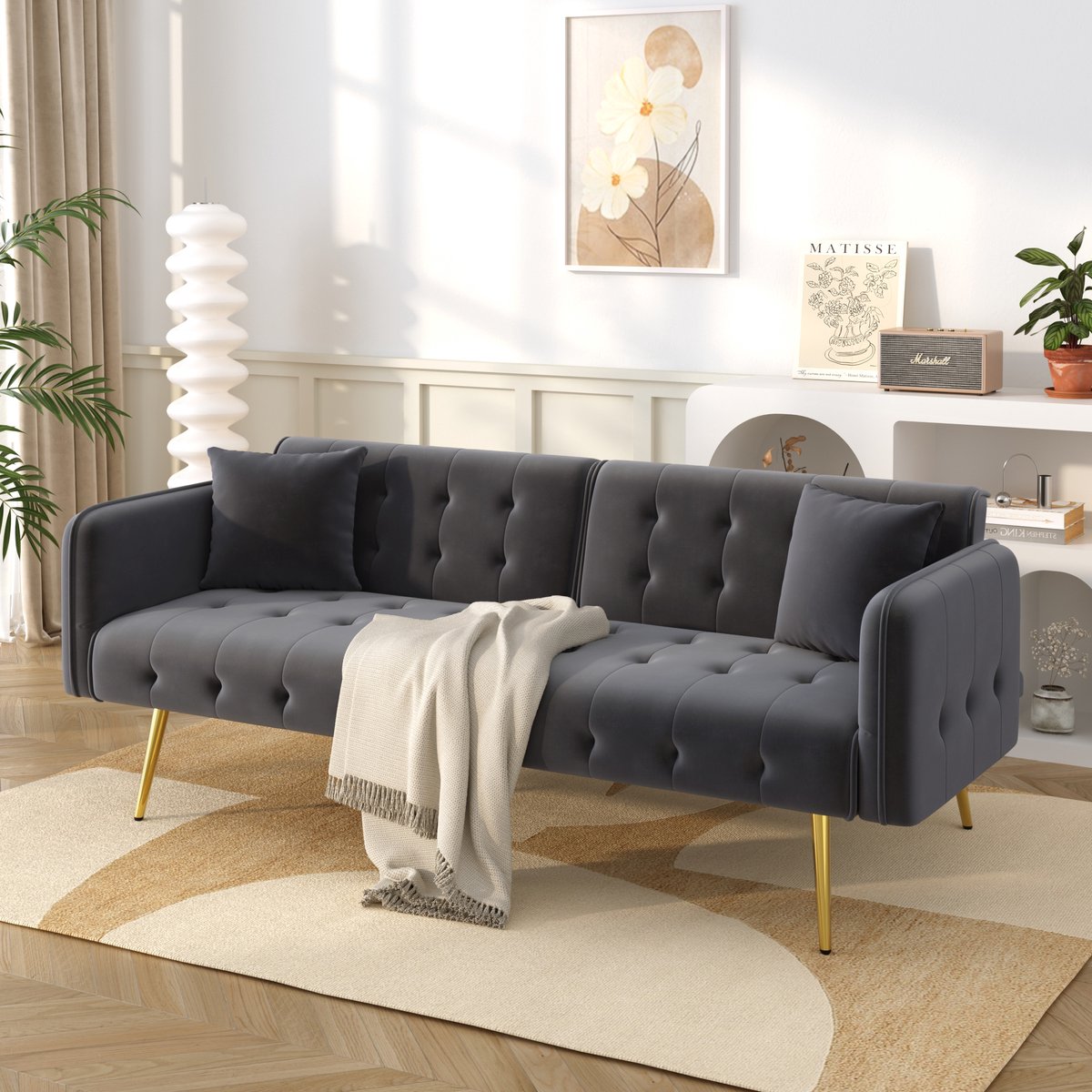 Slaapbank - 178 x 82 x 70 cm - met schuimvulling - met slaapfunctie - met verstelbare rugleuning - inclusief kussens - met houten poten - Antiekgrijs