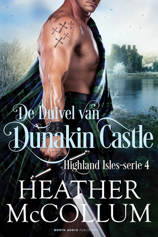 Een gespierde man met tatoeages op zijn arm draagt een groen-blauwe kilt en houdt een zwaard vast voor Dunakin Castle.