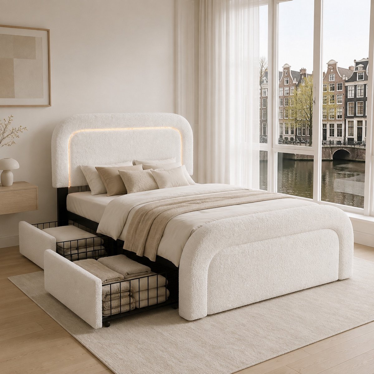 WUVRIE Bedframe 90x200 cm met USB-C, LED-verlichting, 2 lades en verstelbaar hoofdeinde, wit