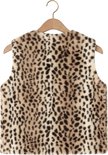 Achterkant van een lichtbruin en bruin luipaardprint vest met capuchon.