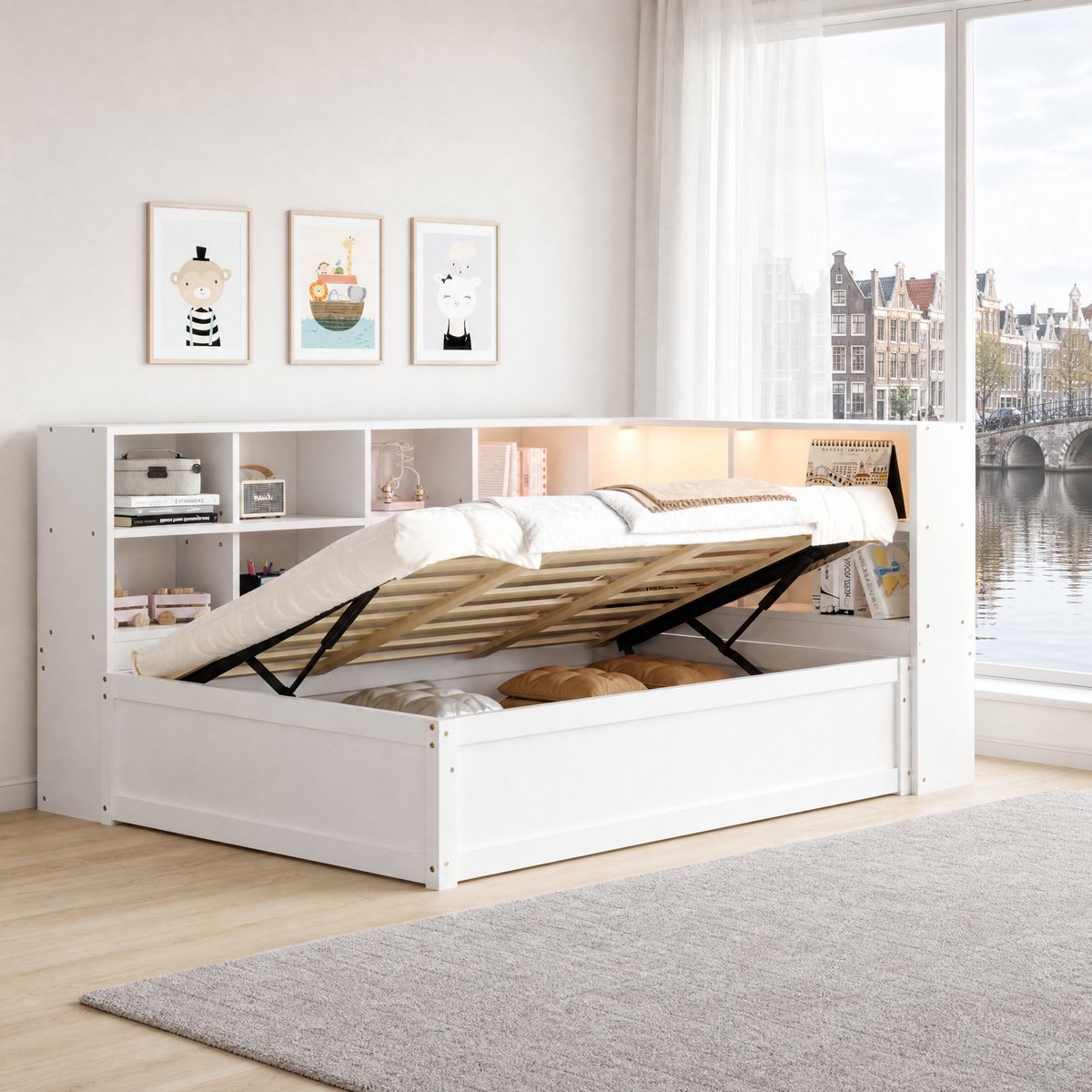 WUVRIE Slaapbank 90x200 cm met opbergruimte, LED-verlichting en stopcontact, wit