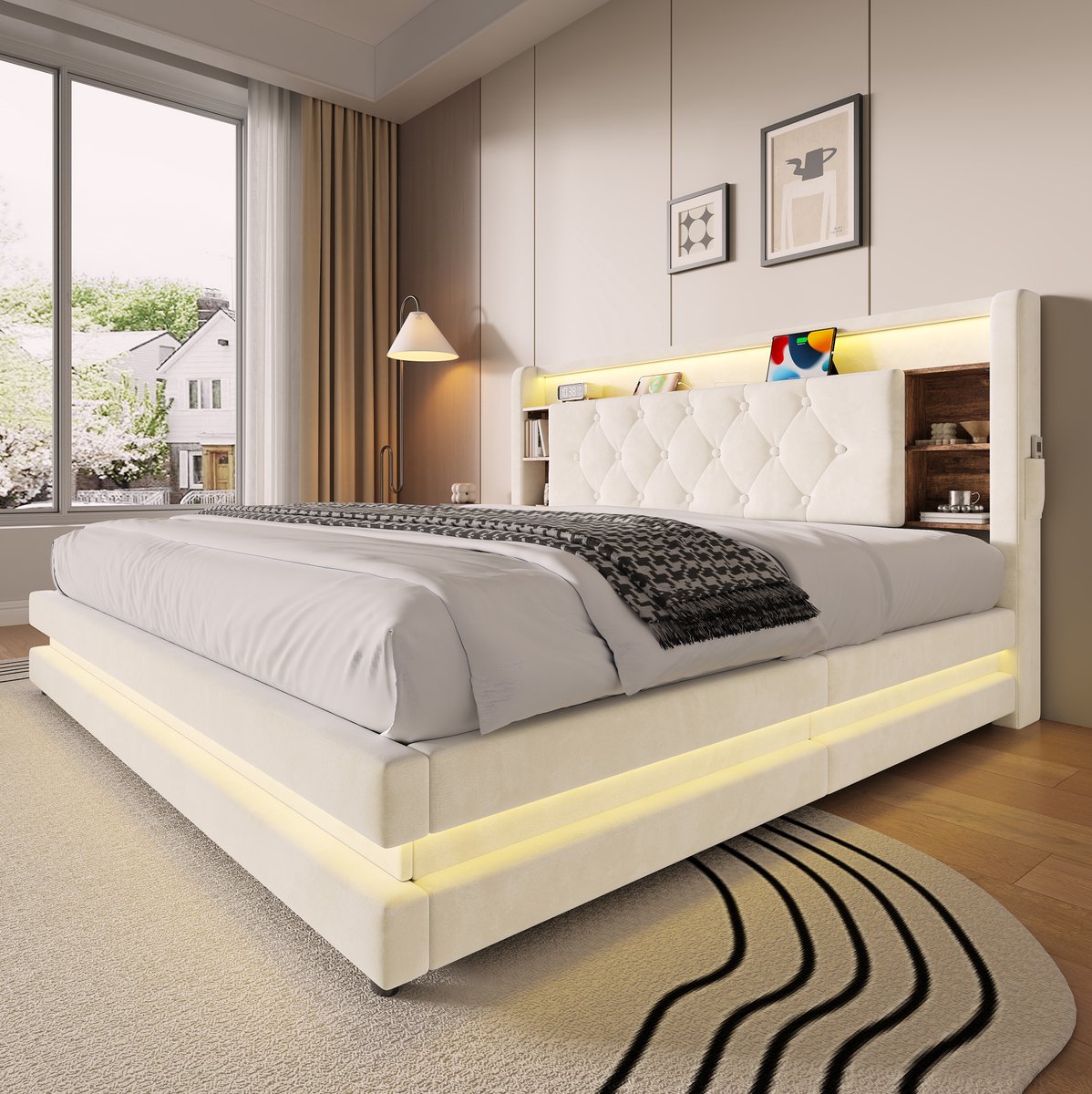 DESMIU Gestoffeerd Bed 160x200 cm – Opbergruimte, LED-Verlichting, USB-C – Hydraulisch Hoofdbord – Lattenbodem – Volwassenen – Beige – Zonder Matras