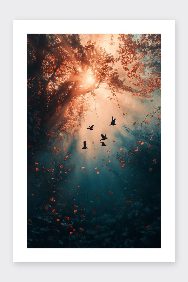Magisch Poster - Bos - Natuur - Fantasie - Mysterie - Woud - Vogels - posters - formaat 30x40cm - Wanddecoratie - BXS5051KMD - Met kader - passe-partouts stijl