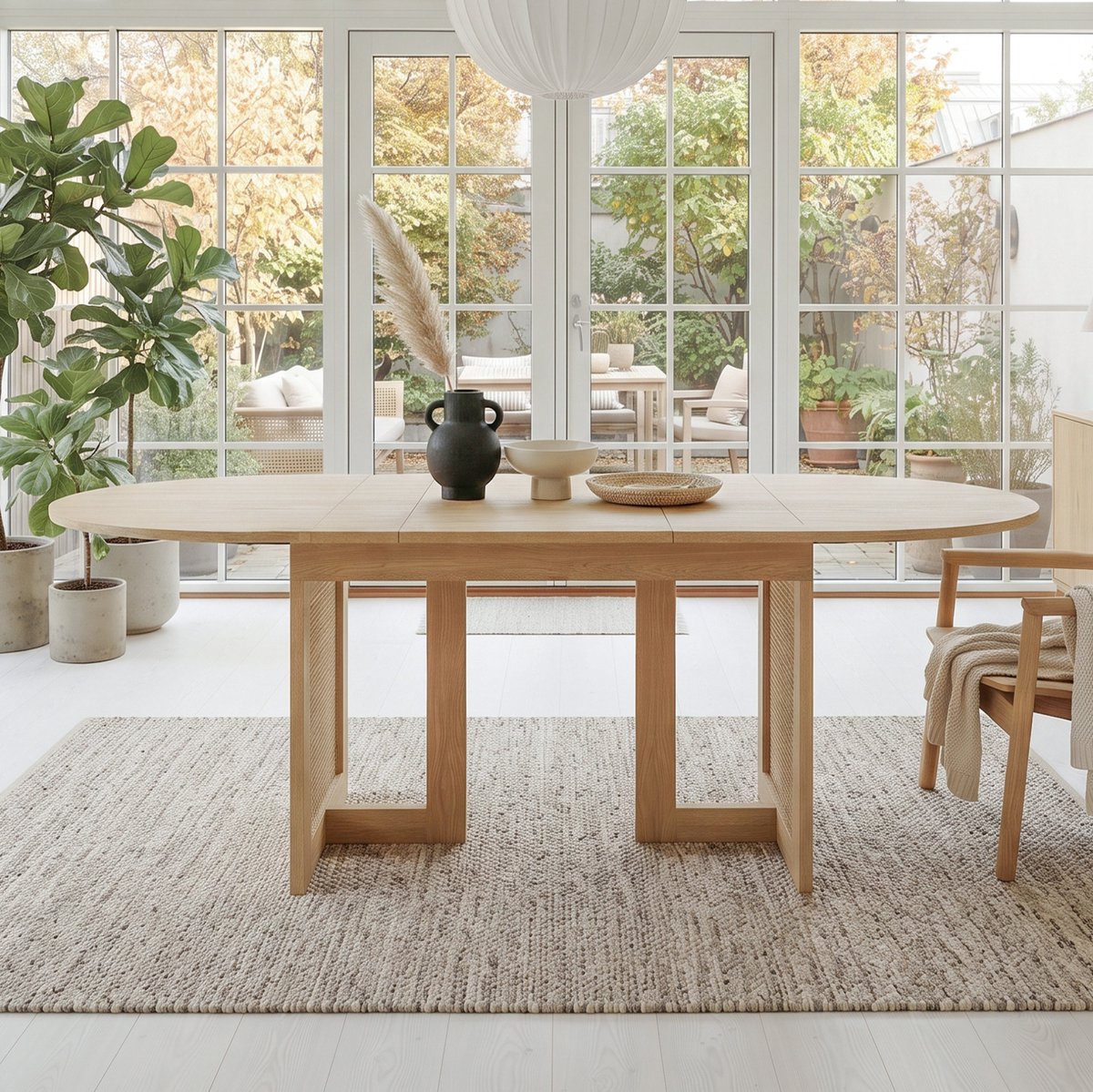 MODENUIT Eettafel - Uitschuifbaar Met Afgeronde Hoeken - Voor 6-8 Personen - MDF Met Rotan Poten - 160x80x75 Cm - Eiken