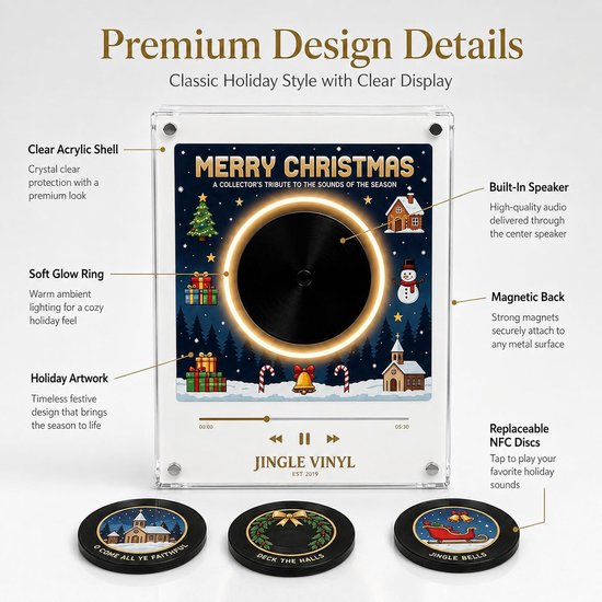 Magnetische Muziekspeler voor Koelkast - Kerst Muziekdoos met 9 NFC Mini Vinylplaten - MP3 - Kerstmuziek - Retro Vinyl - USB-C Oplaadbaar - Kerstdecoratie — afbeelding 5