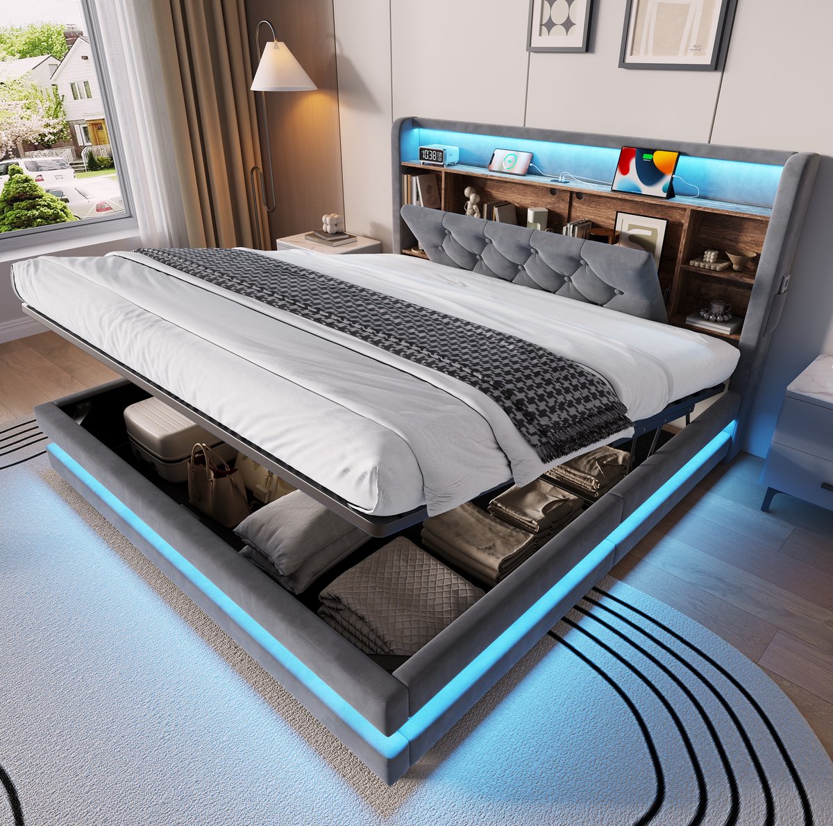 DESMIU Gestoffeerd Bed 140 x 200 cm Zonder Matras – Slaapbed Met LED-verlichting, USB En Type-C – Hydraulische Opbergruimte En Lattenbodem – Donkergrijs