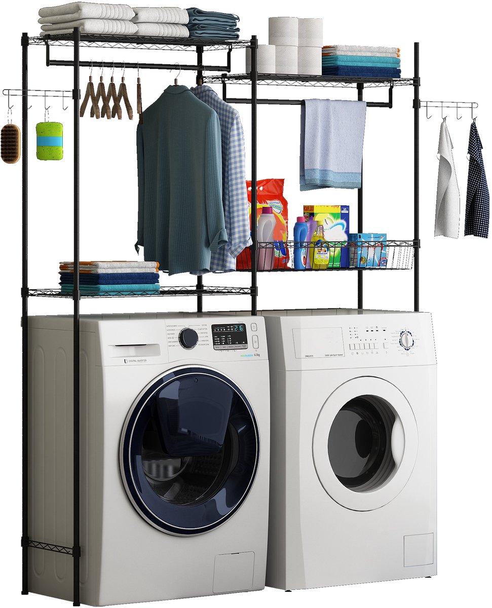 Triumpunpre - 4‑Laags Opbergrek Boven Wasmachine En Droger - Verstelbaar Wasruimte Organisator Met Kledingstang - Draadmand, Haken En Wasmand