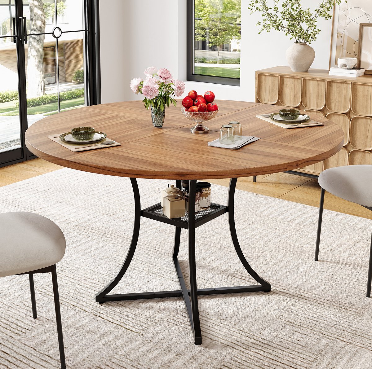 MODENUIT Eettafel - Ronde Tafel Met Opbergrek - Eetkamer En Woonkamer - MDF En Metaal - 100 Cm - Walnoot Zwart
