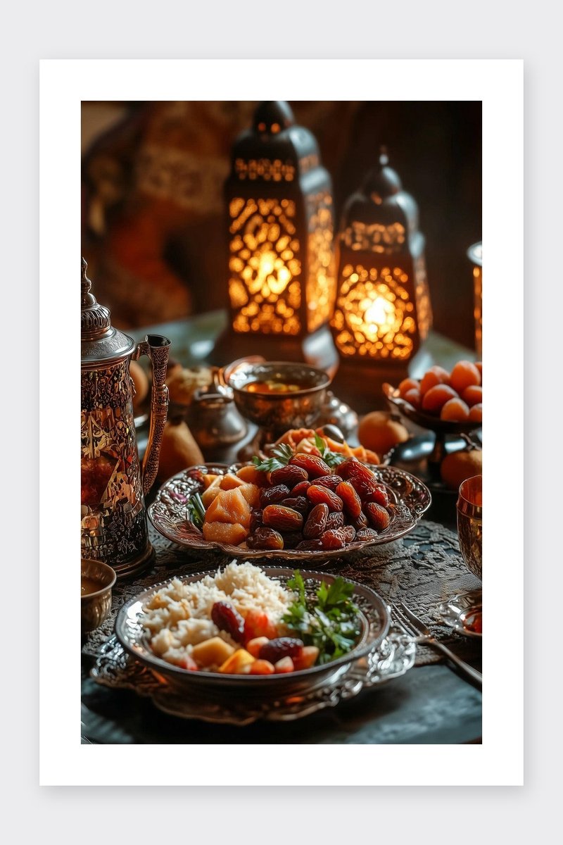 Ramadan Poster - Voedsel - Traditie - Islamitisch - Cultureel - Eten - Sfeervol - posters - formaat 30x40cm - Wanddecoratie - BXS5244BY - Met kader - passe-partouts stijl