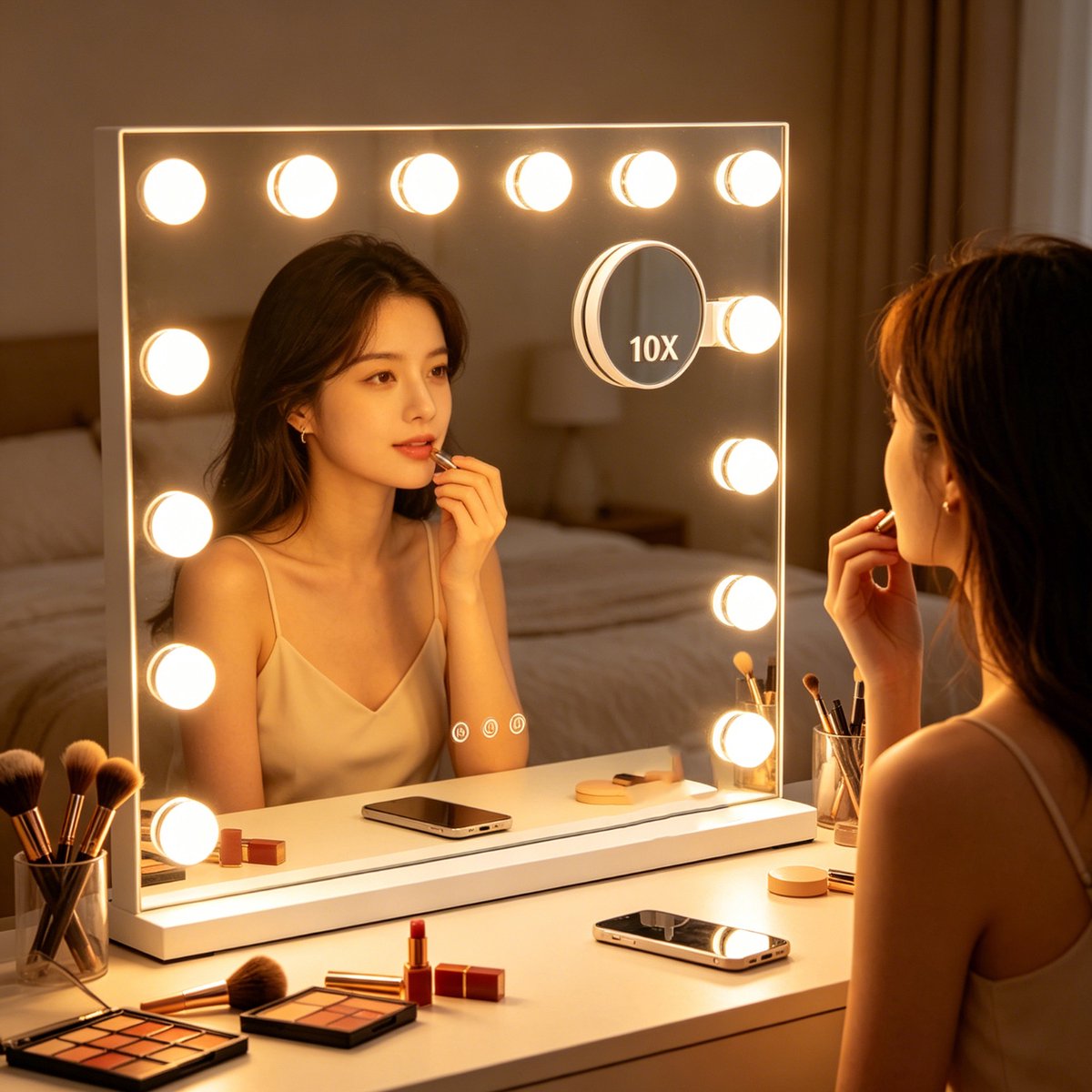 ANTENLICHT Make-up Spiegel met Verlichting - Hollywood Spiegel 50x42CM - 14 LED Lampen - 10x vergroting - 3 Lichtstanden - Dimbaar - Smart Touch - Make Up Spiegel - Wit