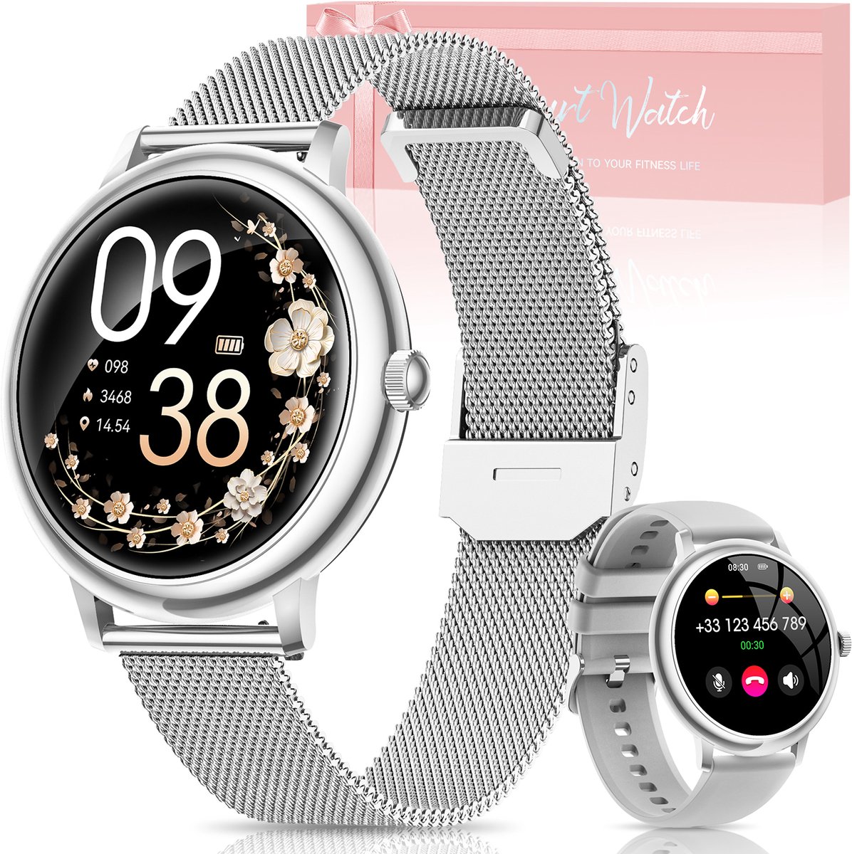 FOSMET Smartwatch Dames - Rond AMOLED Display 1.19 Inch - 800mAh Batterij - Met Telefoonfunctie - 2 Uitwisselbare Bandjes Inbegrepen - Hartslagmeter - SpO2 - Slaapmonitor - Menstruatiecyclus Tracker - Stappenteller - iOS - Cadeau voor Vrouwen