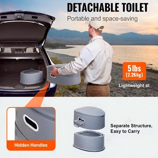 CRESTONE - Camping Toilet - Deelbaar - Draagbaar toilet - Milieuvriendelijk - Chemisch toilet - Toilet training - Zindelijkheidstraining - Hoge zit 45-50 cm - 7 Liter bak - Incl. deksel en rolhouder van Merkloos — afbeelding 4