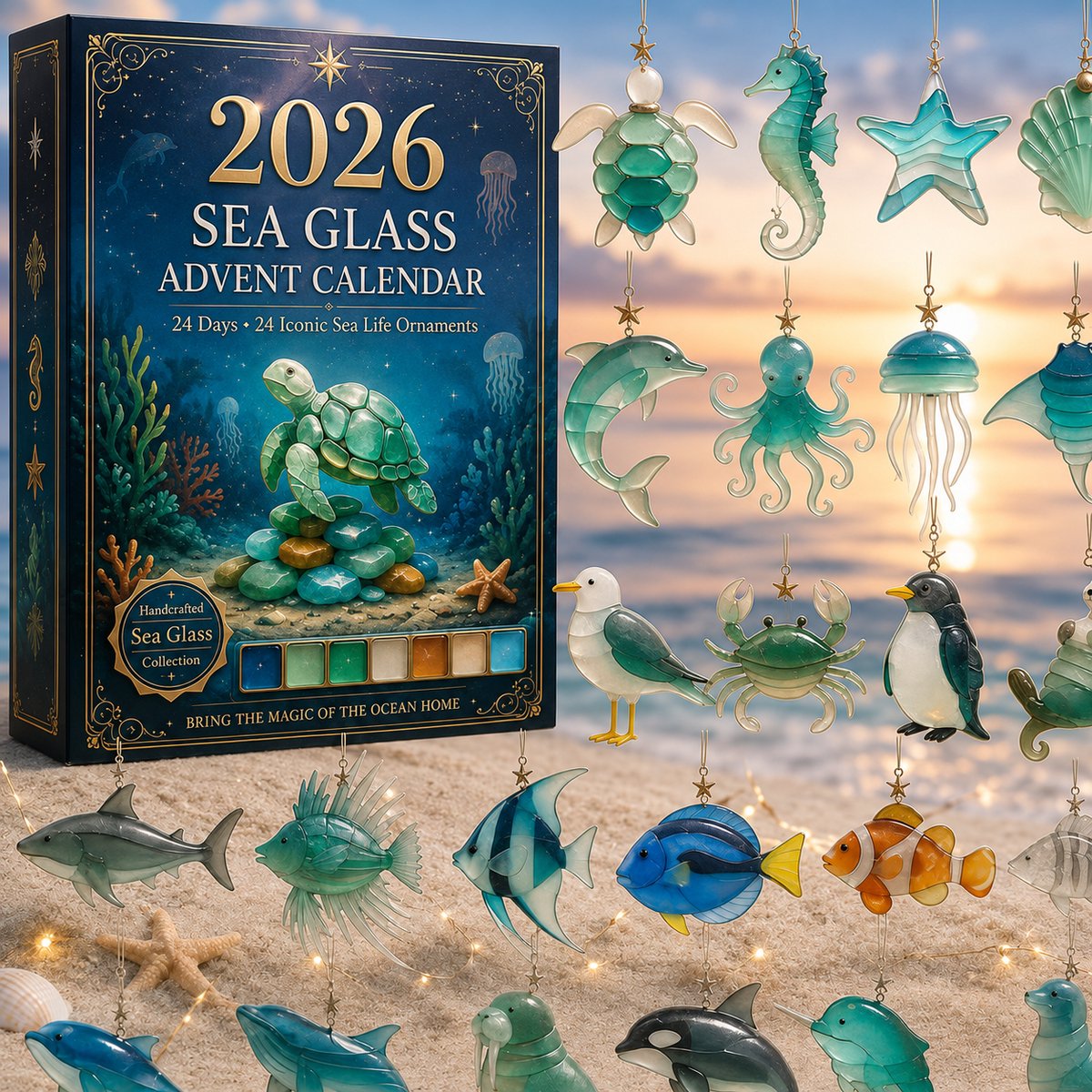 Casalora® Adventskalender 2026 – 24 Verschillende Zeeleven Acryl Kersthangers – 24 Dagen Kerst Countdown – Kerstboomdecoratie – Kerstversiering – Cadeau