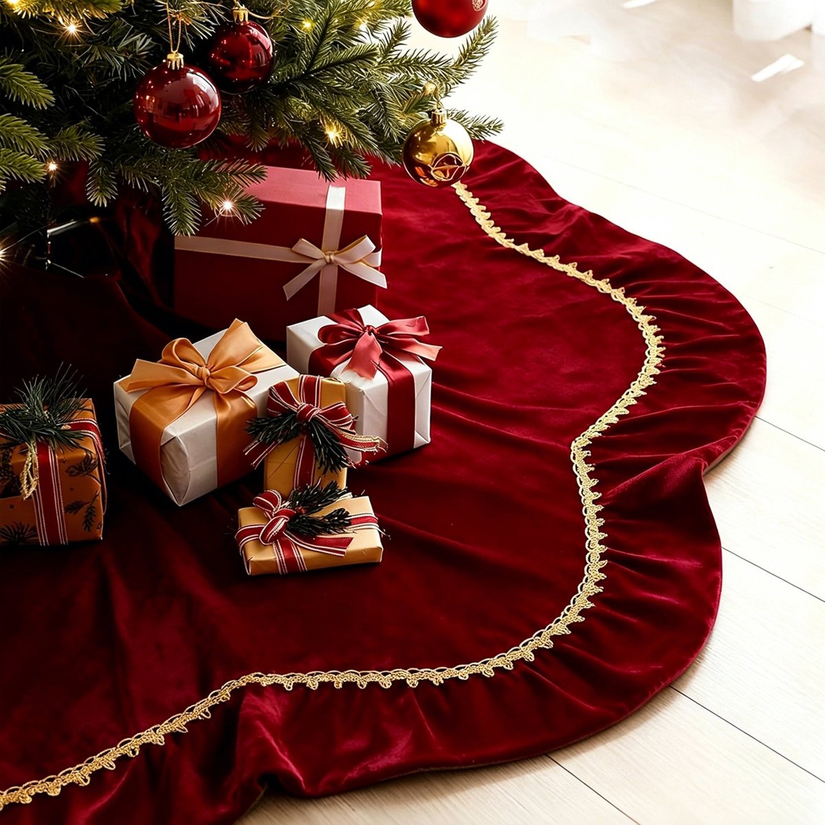 Kerstboomrok – Kerstboomkleed van Velours – Rond met Golvende Rand en Gouden Bies – Voor Kerstboomvoet, Cadeaus en Kerstdecoratie – Bordeauxrood – 152 cm