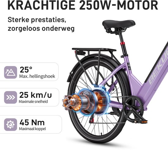 Bekup V1 Elektrische stadsfiets voor woon-werkverkeer - 26 inch - 250W achterwielmotor - 45Nm hoog koppel - 522Wh lithium accu - Actieradius tot 75 km - Lage instap frame - Schijfremmen - LCD-display - Geveerde zadelpen - Avondroze — afbeelding 4