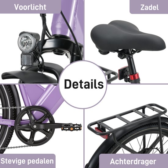 Bekup V1 Elektrische stadsfiets voor woon-werkverkeer - 26 inch - 250W achterwielmotor - 45Nm hoog koppel - 522Wh lithium accu - Actieradius tot 75 km - Lage instap frame - Schijfremmen - LCD-display - Geveerde zadelpen - Avondroze — afbeelding 3