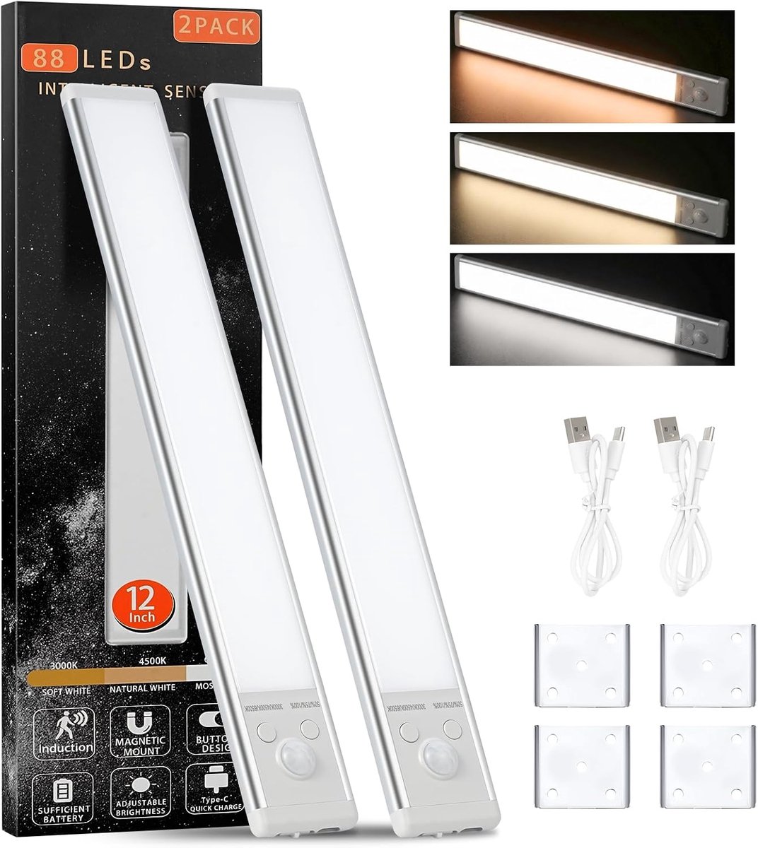 30 cm oplaadbare LED-keukenlamp voor onder keukenkastjes, 88 LED-parels, 3M magnetische bevestiging, traploos instelbare helderheid, warm wit/natuurlijk wit/koel wit licht.