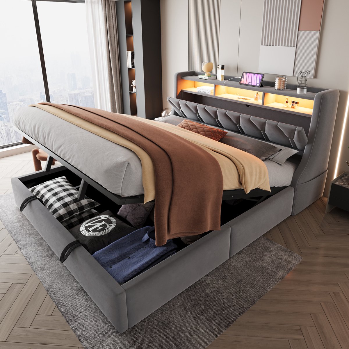 VVBV Bed met Opbergruimte 180x200 – Gestoffeerd Tweepersoonsbed van Upholstered met Hydraulische Opbergruimte, Lades, Opbergvakken en Lattenbodem – Grijs