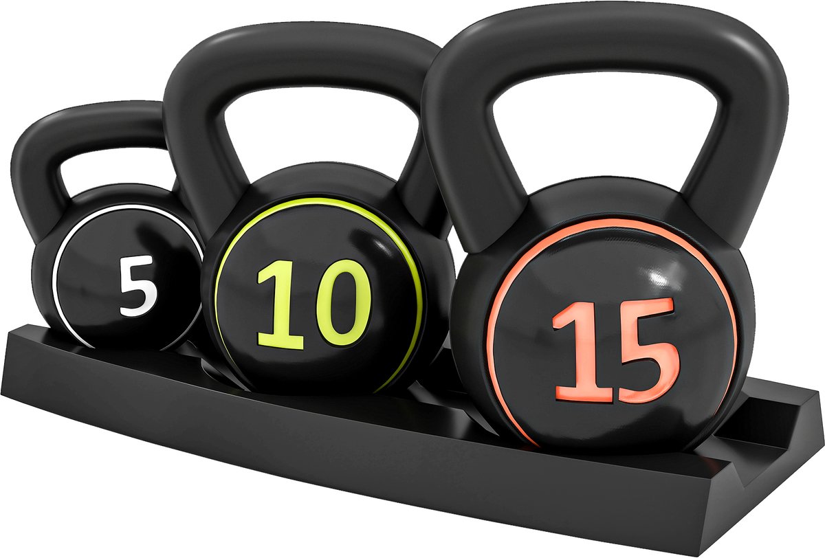 Set van 3 kettlebells, 2,2, 4,5 en 6,8 kg, sportfitness, training, antislip handgreep, met opbergvak, zwart
