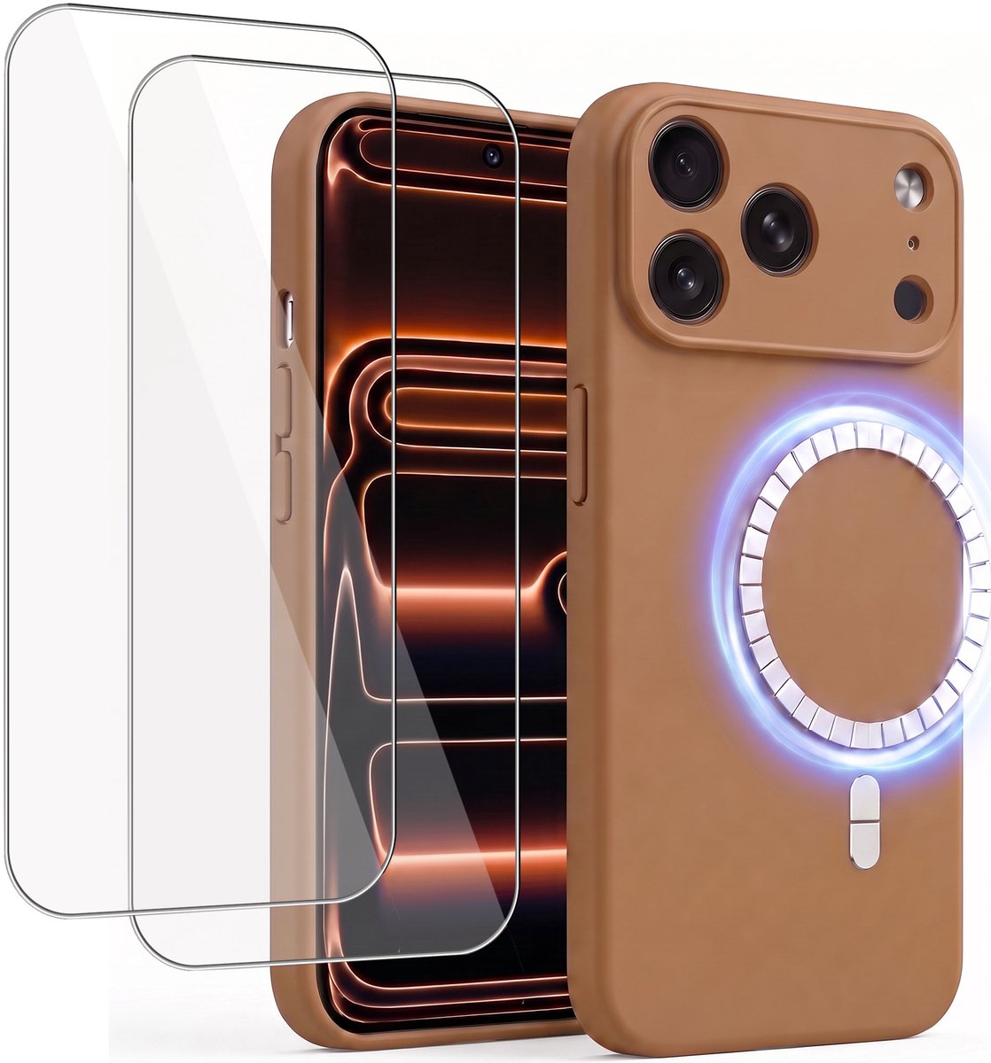 Hoesje + 2x Screenprotector geschikt voor Apple iPhone 17 Pro Max - Hoesje geschikt voor Magsafe - Draadloos opladen - Gehard Glas - Bruin