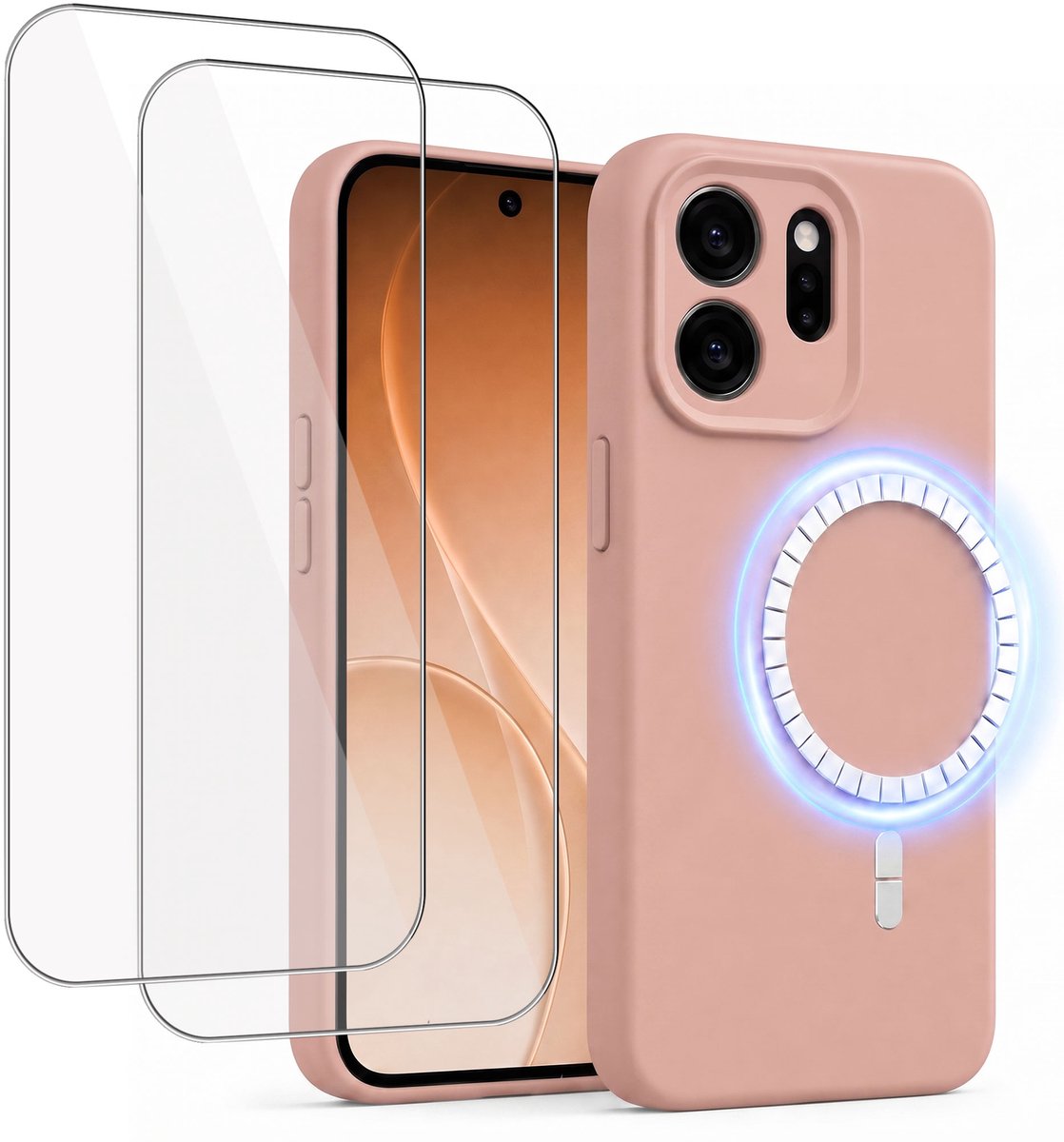 Hoesje + 2x Screenprotector geschikt voor Oppo Reno 15 Pro - Hoesje geschikt voor Magsafe - Draadloos opladen - Gehard Glas - Oud Roze