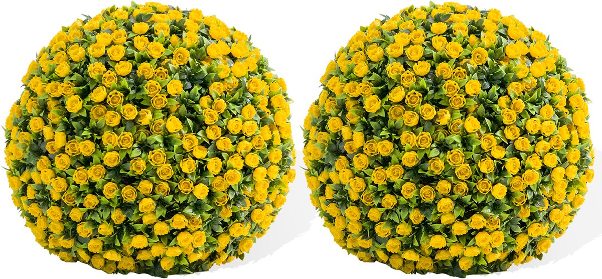Triumpunpre Set van 2 Kunstmatige Gele Rozenbal – Hangende Topiary Bloem Bal 55 cm – Gele Rozen met Groene Bladeren – PE – Onderhoudsvrij – Binnen & Buiten geel