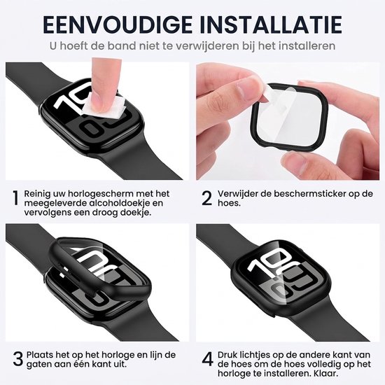 Stappenplan voor de eenvoudige installatie van een zwarte smartwatch beschermhoes op een horloge.
