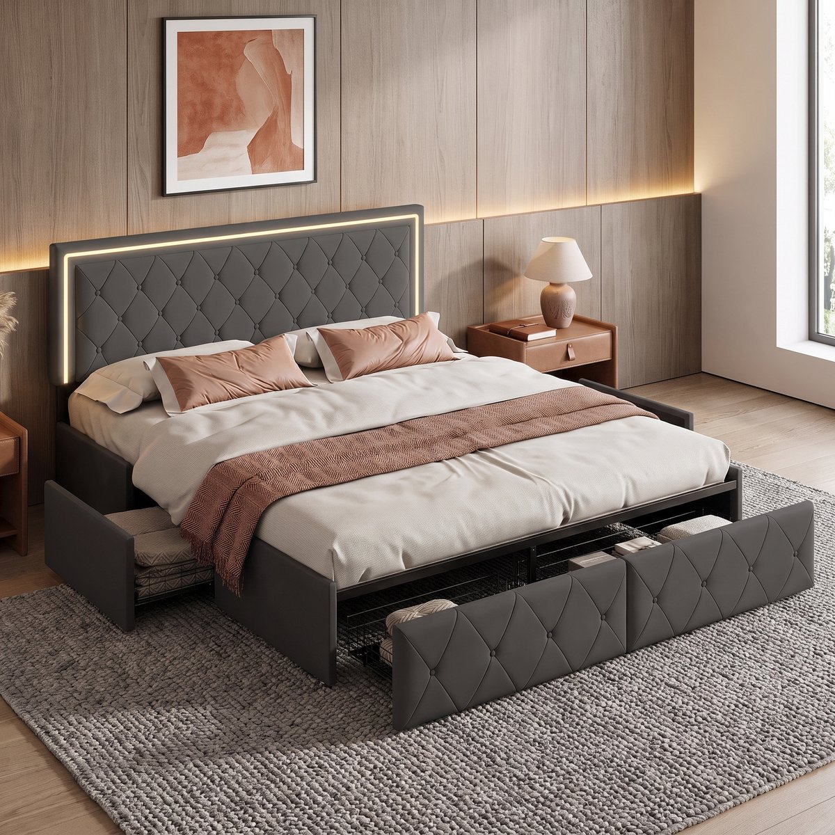 MEXUS Gestoffeerd Tweepersoonsbed 140x200 cm LED-Verlichting, Lattenbodem, 2-Persoonsbed met 4 Lades en Verstelbaar Hoofdeinde, in PU, Volwassenen en Tieners (Grijs, 140x200 cm)