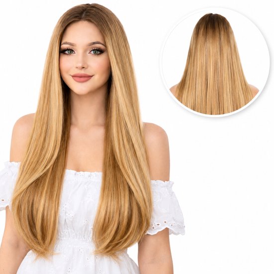 Lang blond steil haar met een ombre-effect, getoond op een model en de achterkant.