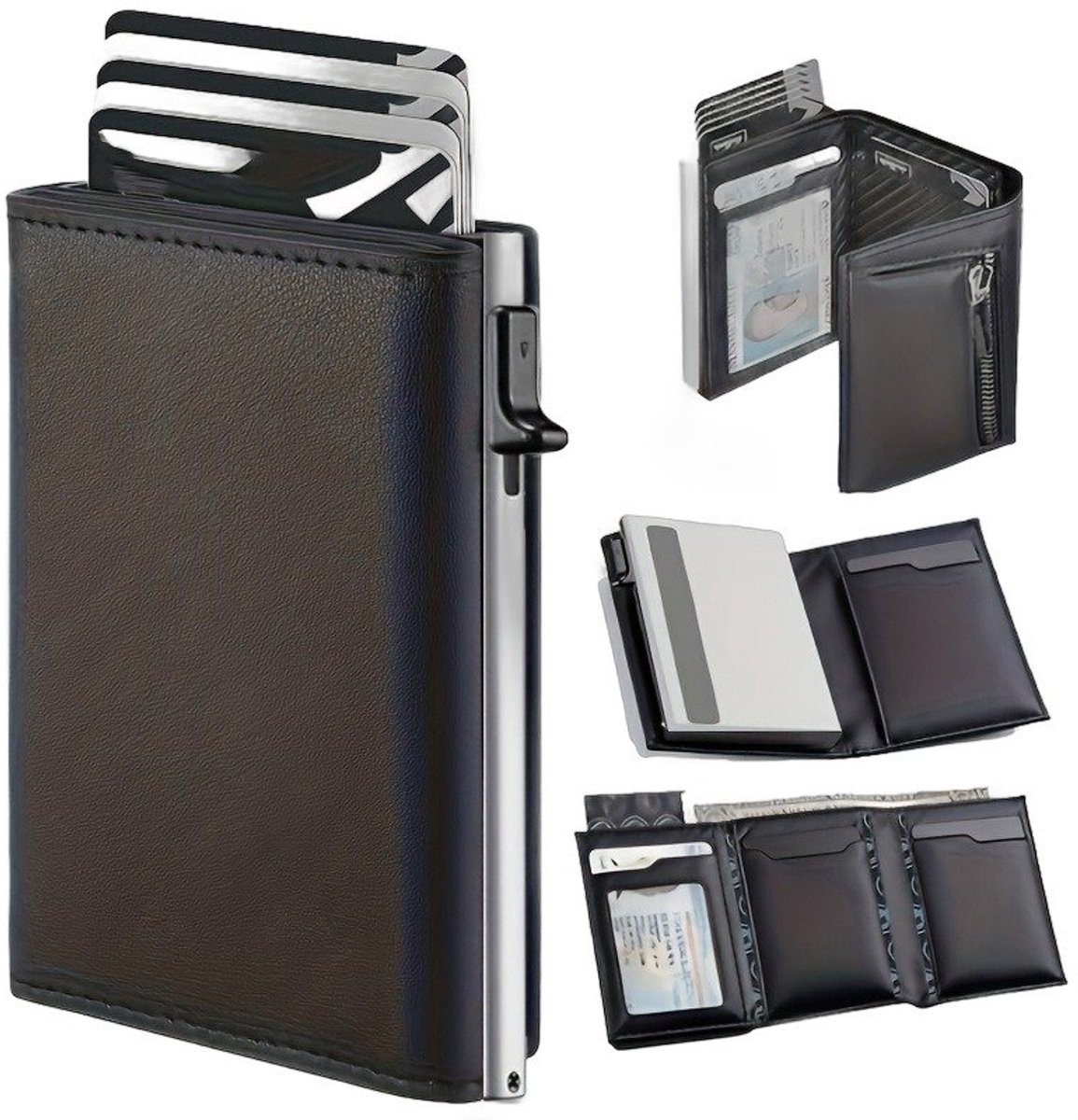 Currero Portomonee - Portemonnee Dames & Heren - RFID Anti Skim - Pasjeshouder - Klein Model - Met Rits - Kunstleer - Zwart + Zilver