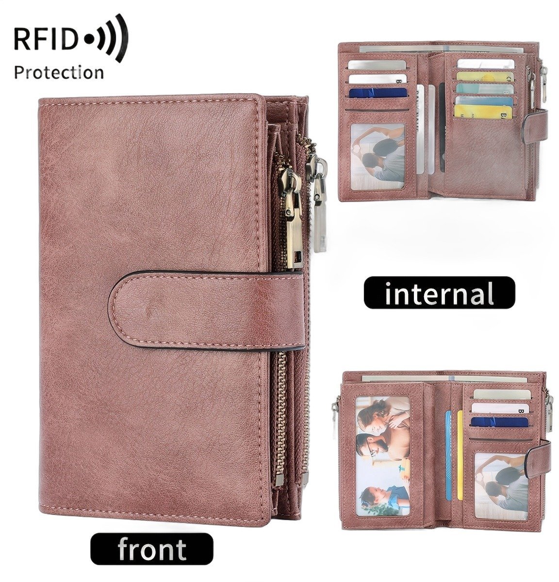 Currero Portomonee - Portemonnee Dames & Heren - RFID Anti Skim - Pasjeshouder - Klein Model - Met Rits - Kunstleer - Roze