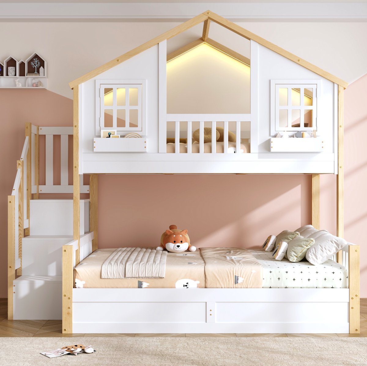REDOM Stapelbed voor kinderen - Hydraulisch onderbed met opbergtrede - LED-verlichting en raamvorm - Huisbedstijl - Kinderkamer - Hout en MDF - Wit - 254 x 145 x 230 cm