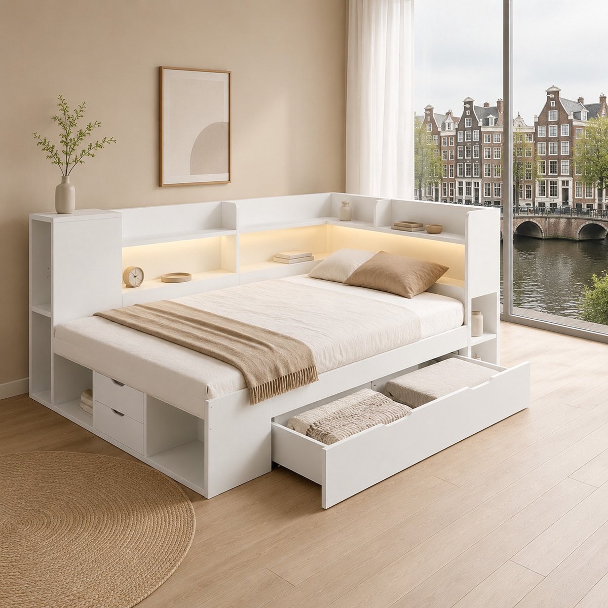 WUVRIE Bedbank 90x200 cm met LED, USB/Type-C, opbergruimte, lades en lattenbodem, wit