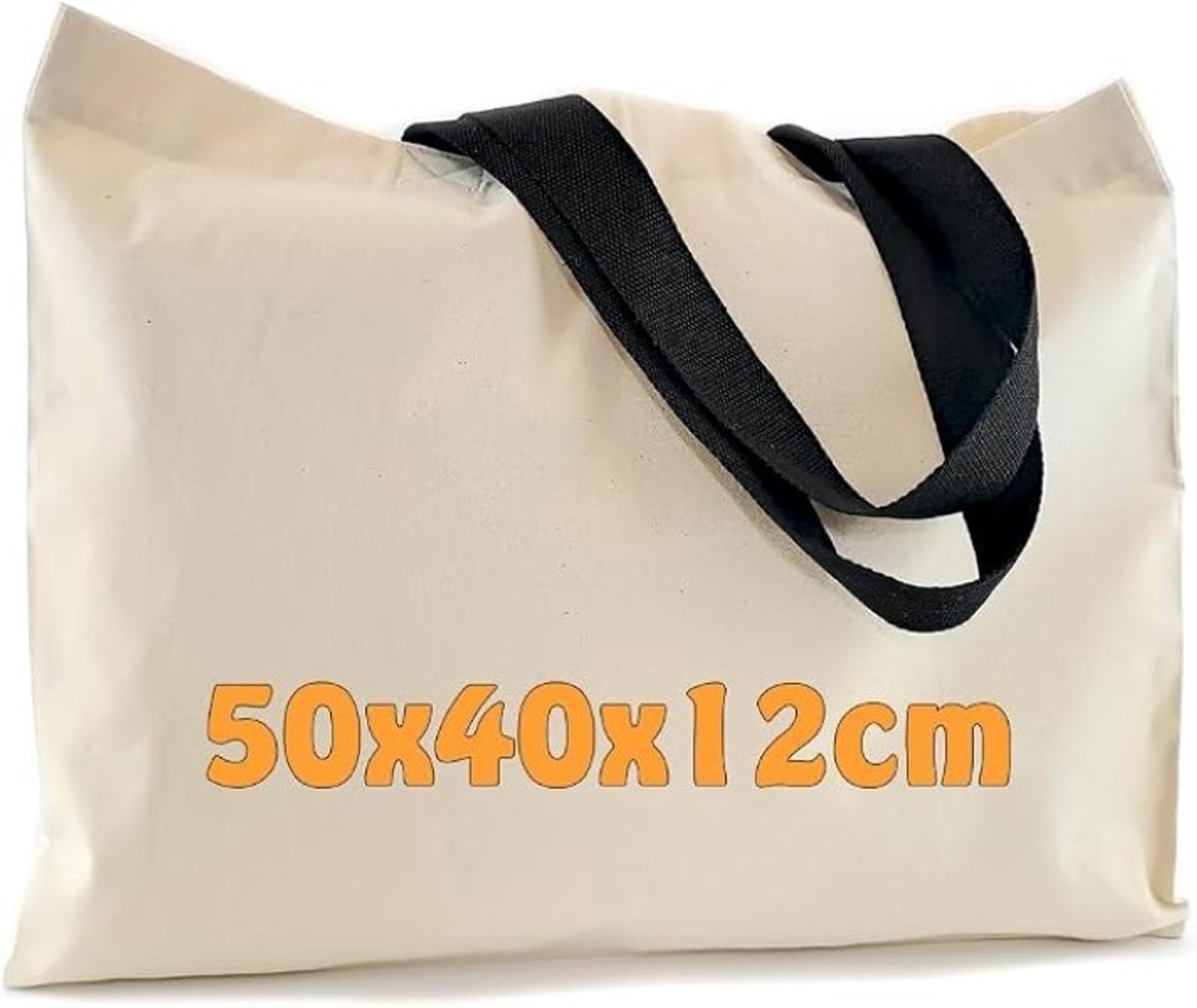PolkaHome Grote katoenen boodschappentas 50x40x12 cm - crème canvas met zwarte hengsels