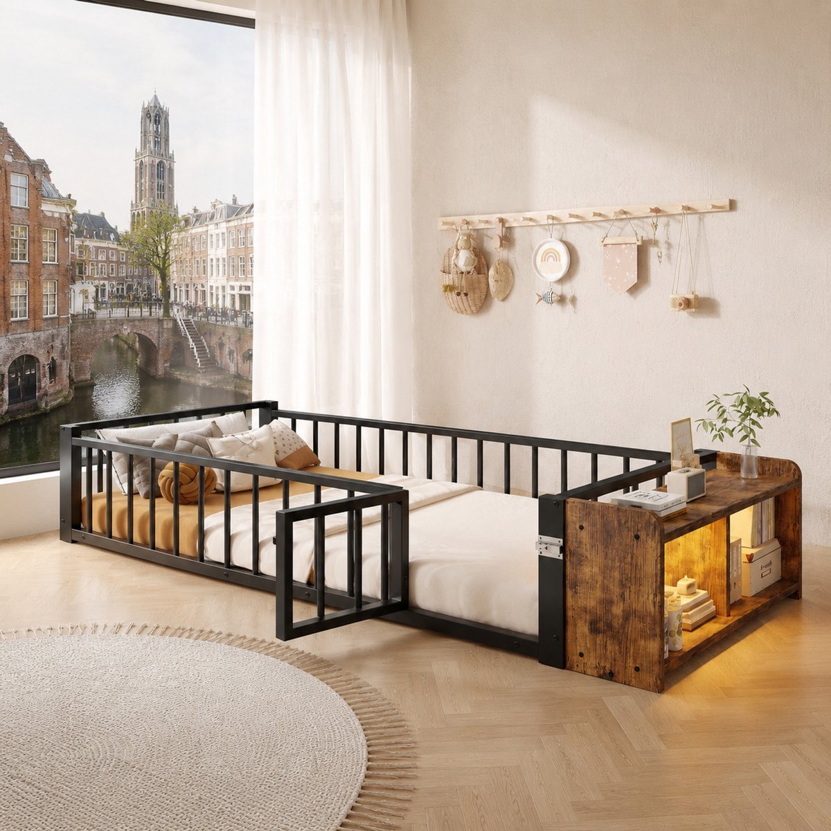 WUVRIE Kinderbed 90x200 cm met beschermhekje, open opbergvak en LED-verlichting, zwart