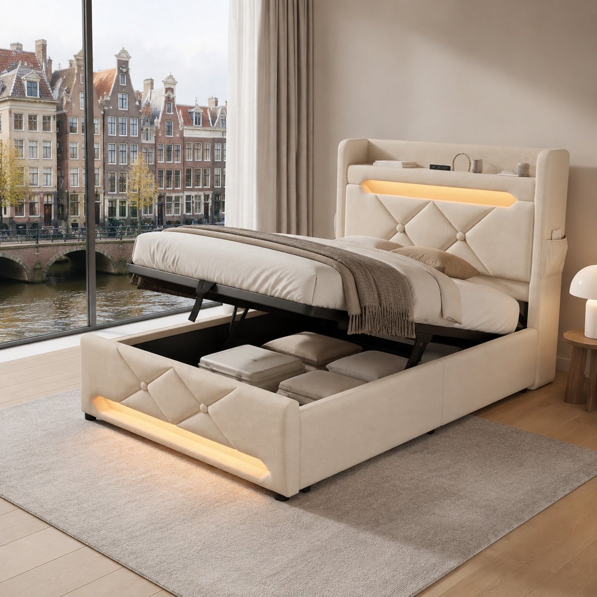 WUVRIE Bed 90x200 cm met opbergruimte, LED, USB en Type-C, beige