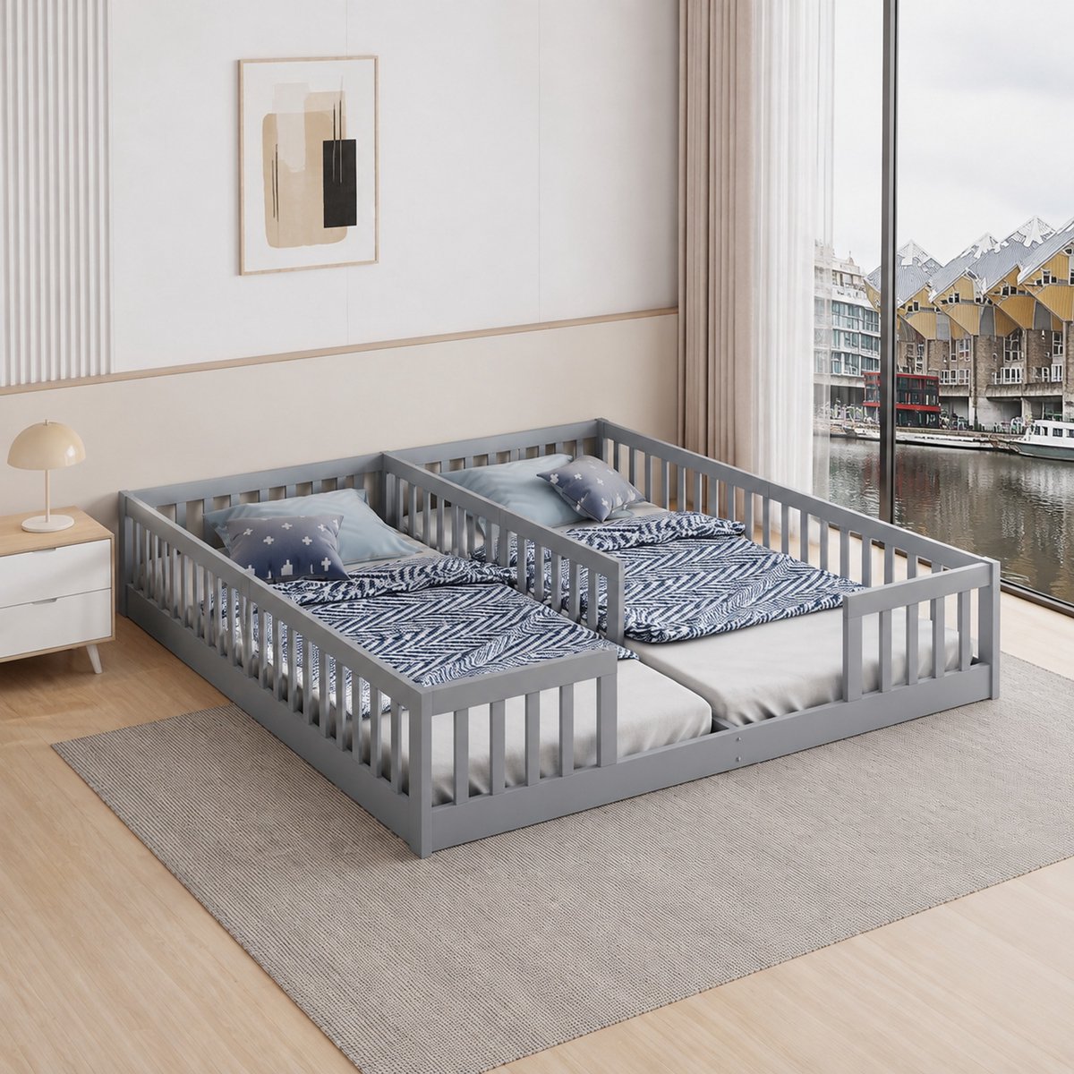 WUVRIE Kinderbed 90x200 cm met veiligheidshek, zonder matras en lattenrost, grijs