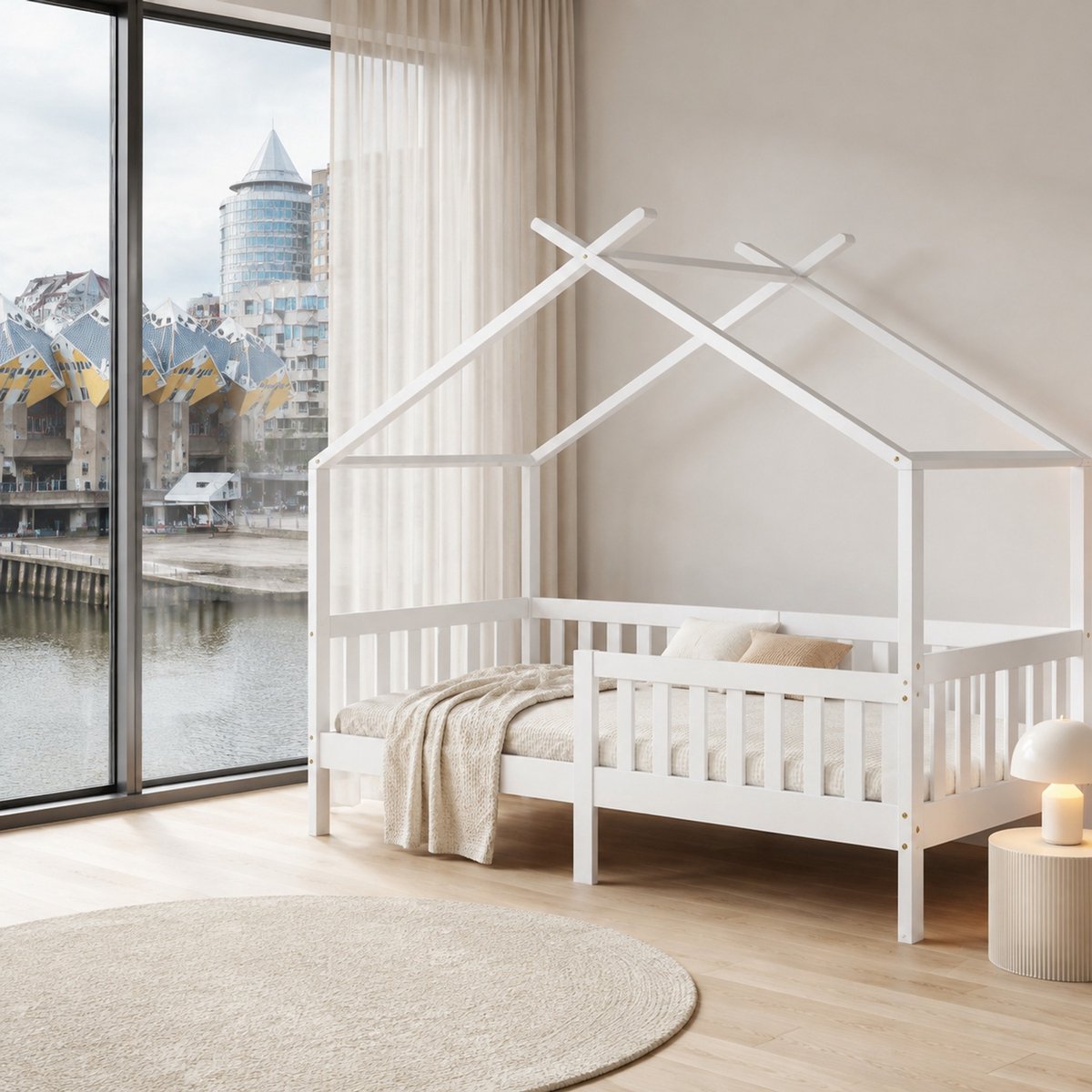 WUVRIE Huisbed 200x90 cm met veiligheidshekken, lattenbodem en opbergruimte, wit