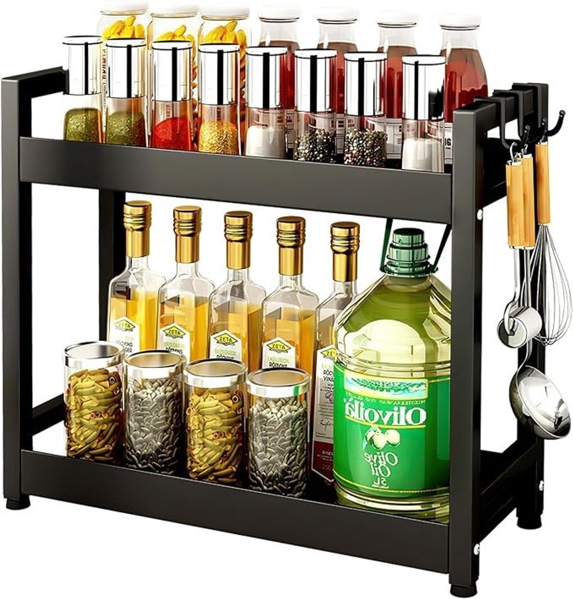 PolkaHome Kruidenrek met 2 plateaus en 4 haken, zwart