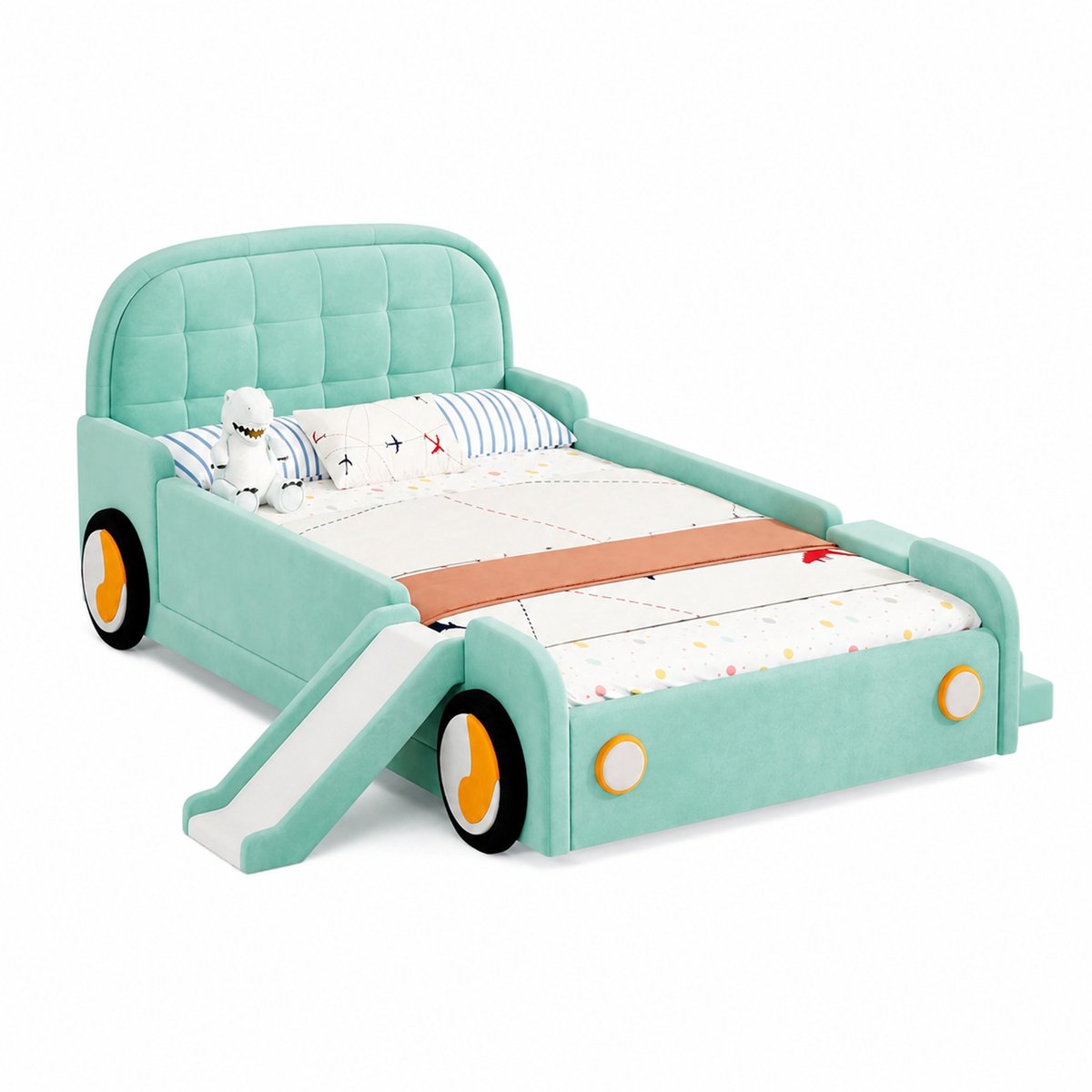 WUVRIE Kinderbed auto 90x200 cm met glijbaan, trap en uitvalbeveiliging, blauwgroen