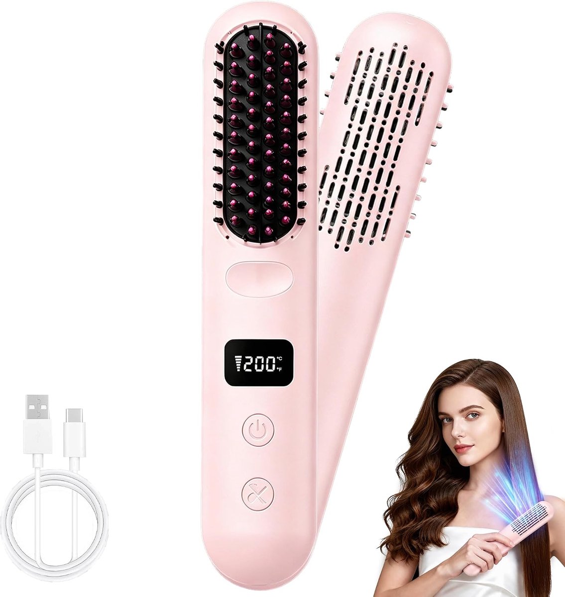 Bobypet - Stijltang - Mini Portable Stijltang - 30 sec Snelle Opwarming - Met 3 Temperatuurstanden - 2-in-2 Airflow Stijlkam Oplaadbaar -Draadloze Stijltang Borstel met Koude Lucht - Voor Reizen - Roze