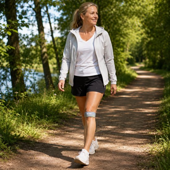 Vrouw in wit sportshirt, grijze jas en zwarte short met kniebrace wandelt op bospad.