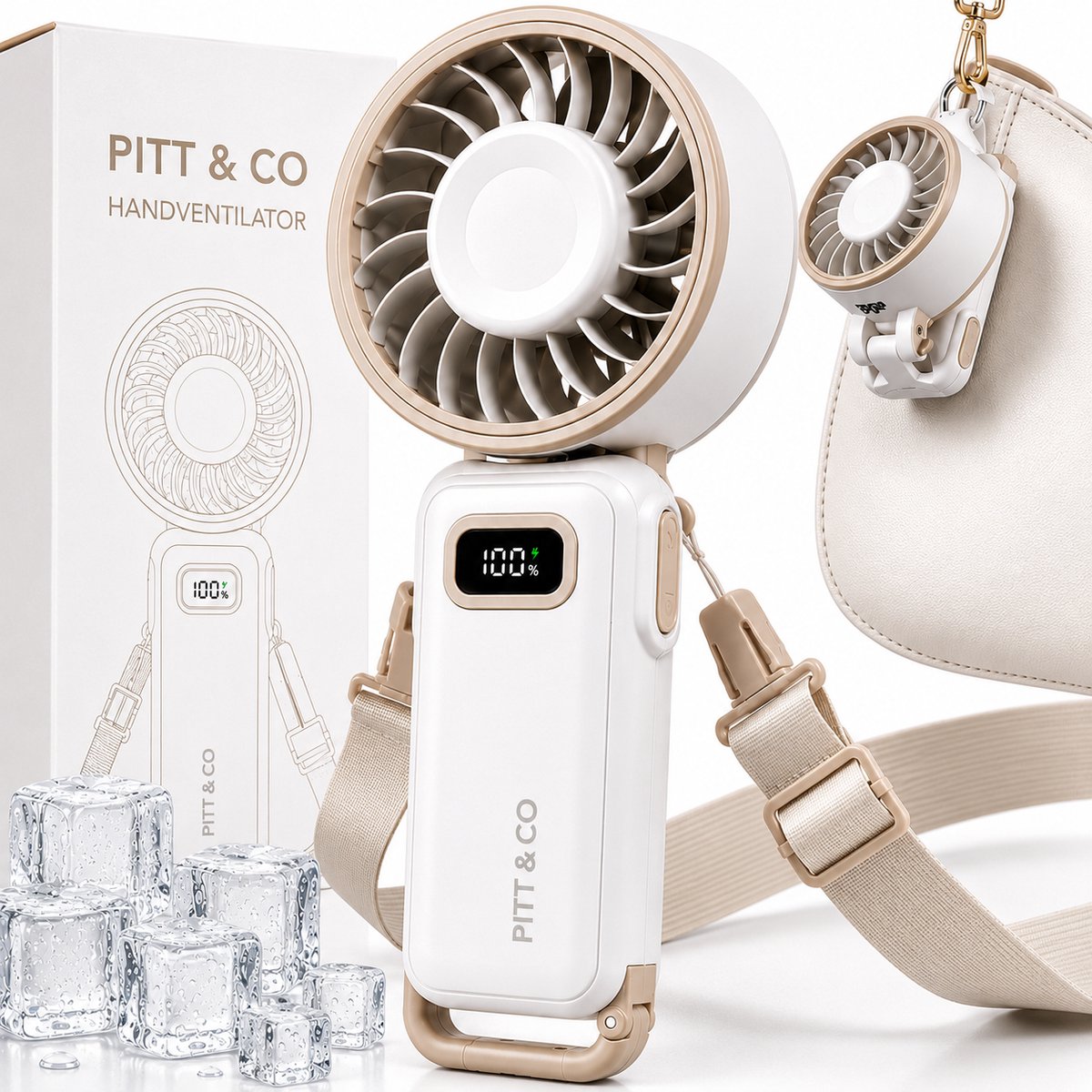 Pitt & Co Handventilator Oplaadbaar – Draagbare Ventilator 4-in-1 met 100 Snelheden, LED Display en USB-C – Draadloze Mini Fan – Beige ABS/PC – 18,5 cm