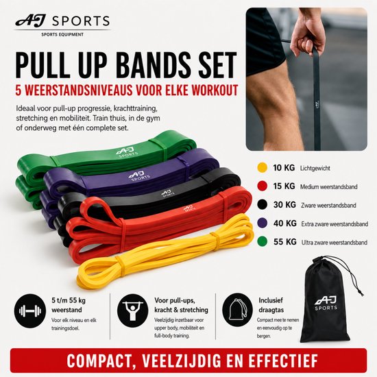 Set van AJ-Sports met 5 weerstandsbanden in groen, paars, zwart, rood en geel, inclusief draagtas.