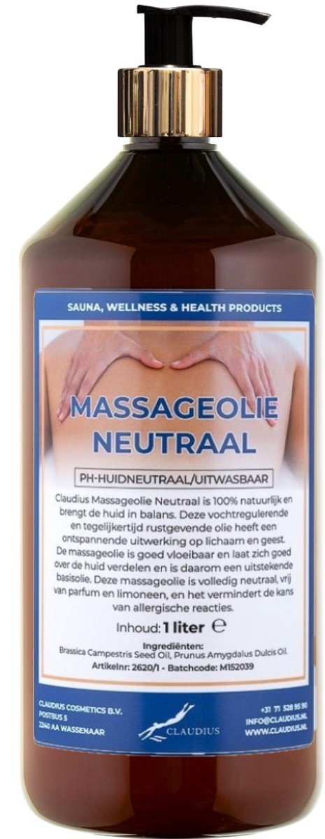 Massageolie Neutraal 1 liter met gouden pomp - amber fles - 100% natuurlijk - biologisch en koud geperst