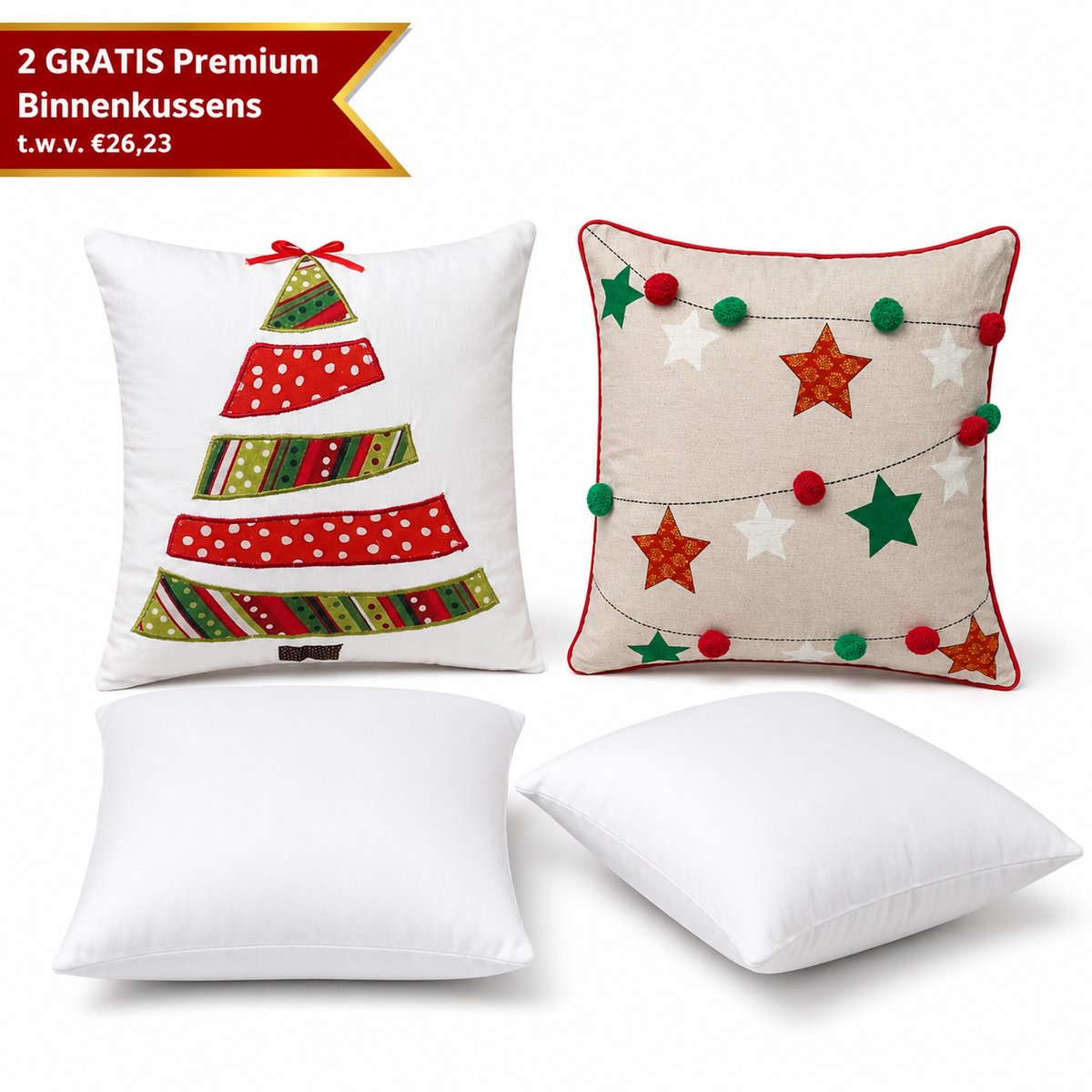 Kerstkussen Set van 2 Kussenhoezen incl. Gratis Kussenvulling - Kerst Kussenhoes - Vierkant Kussenhoesjes - Kerstkussens met Kerstboom en Sterrenslinger Print & Borduurwerk - 45x45 cm - Katoen - Rood/Groen/Wit