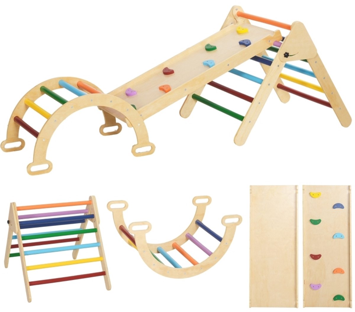 MODFU Kinder Klimrek - 5-in-1 Verstelbaar Opvouwbaar - Hout - Multicolor - 178 x 64,5 x 63 cm