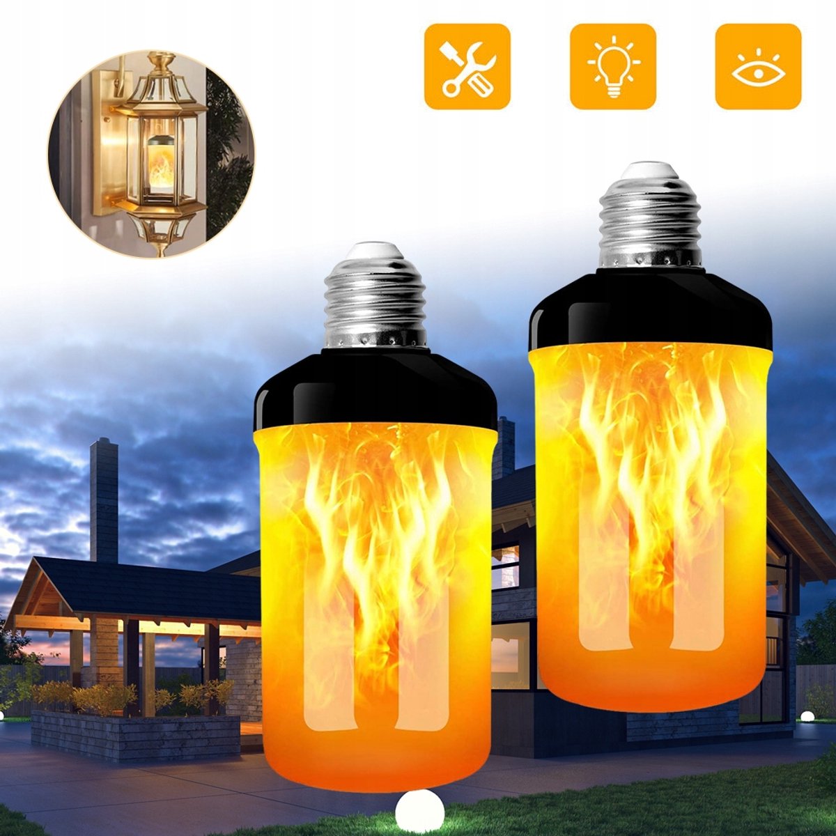 E27 Vlamlampen Set van 2 - 4 Lichtmodi Waaronder Zwaartekrachtsensor - 85-265V, 2,5W, IP30 - Voor Tuin, Terras, Slaapkamer & Feestverlichting