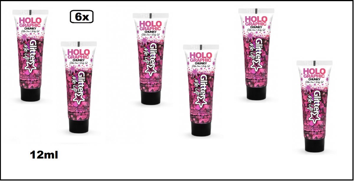 6 stuks Holographic Chunky Glitter Face & Body Gel Princess pink - gel voor huid - Festival thema feest party fun