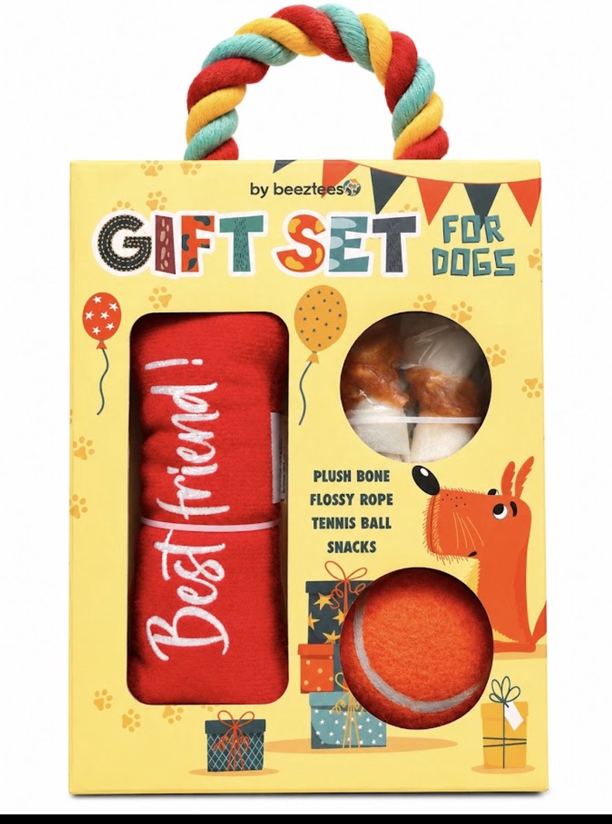 Gift Set Voor Honden - Cadeau set Hond - Hondenspeelgoed - 4 -delig -tennisbal, twee snacks, floss touw, zacht knuffel bot